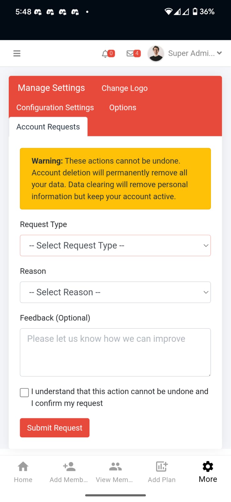 Account Requests tab in Settings