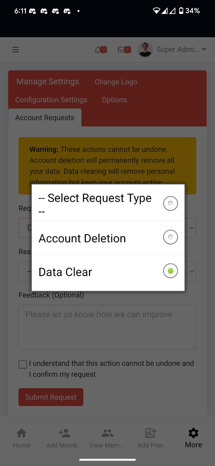 Data clear form filled