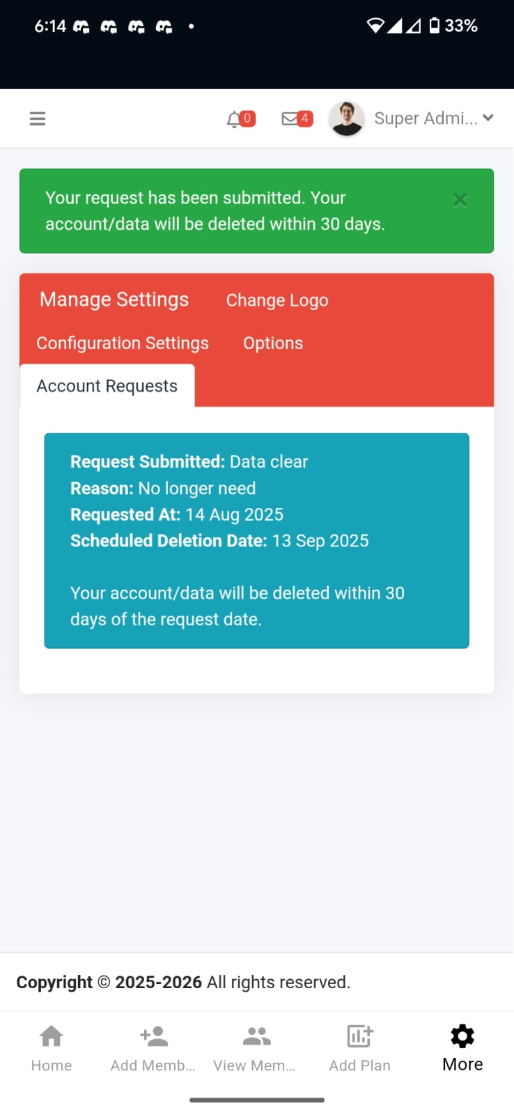 Data clear request status with scheduled date
